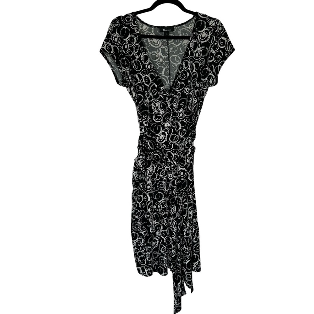 AGB Women’s Midi Dress Plunge V Neck Belted Faux Wrap Stretch Black Geo Print 10